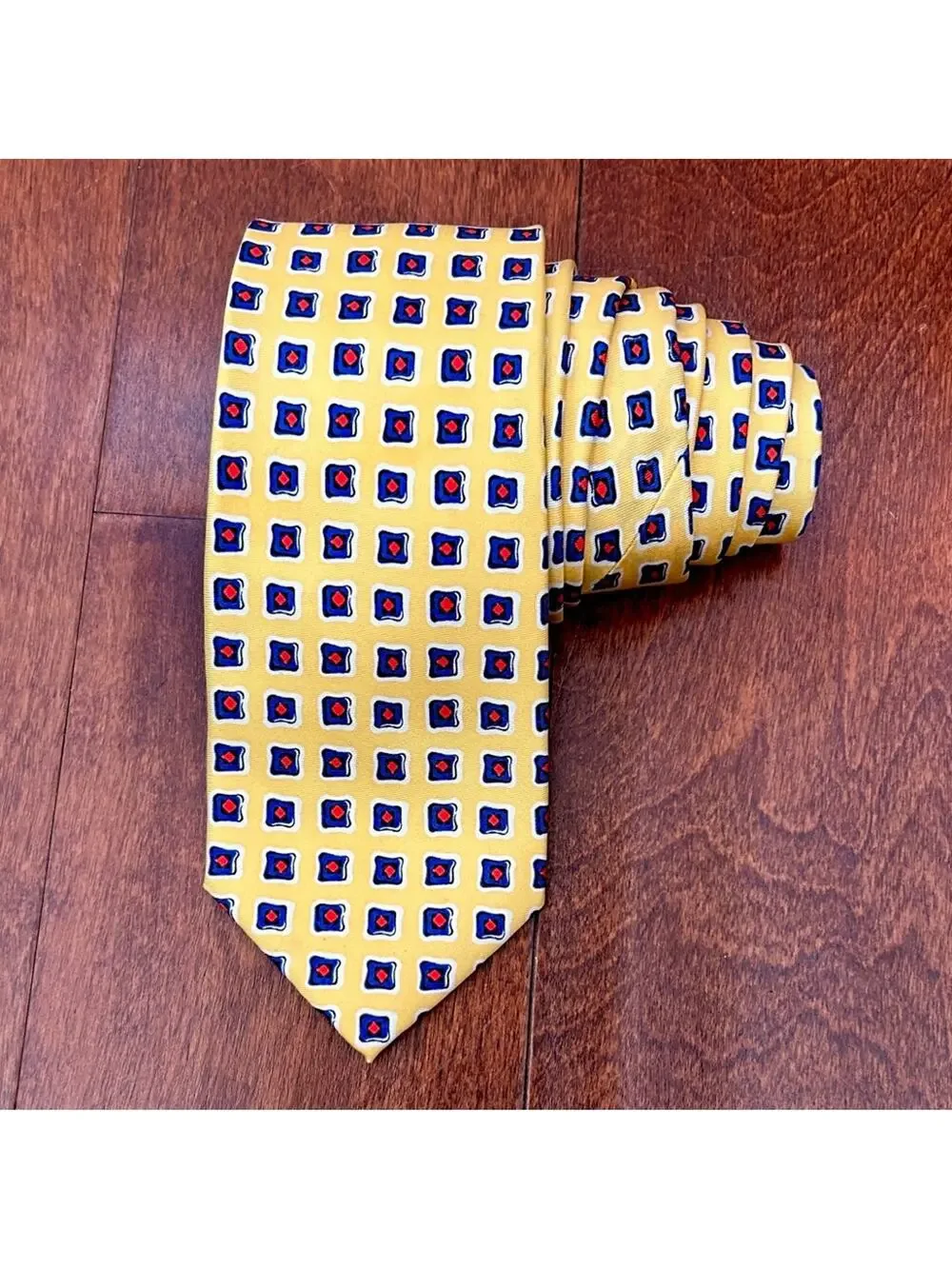 Lauren, Ralph Lauren Geometric Yellow Red White and Blue Tie, 100% Silk